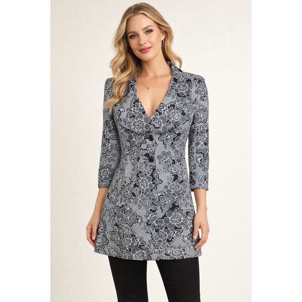 Whimsigoth Floral Tunic Blazer Black White Gothic Romantic Jacket Size 14